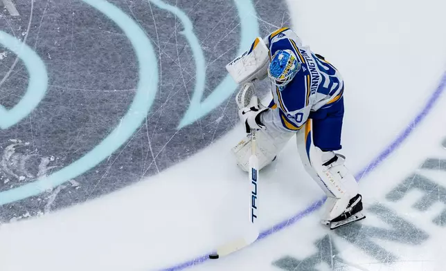 St. Louis Blues goaltender Jordan Binnington warms up before an NHL hockey game against the Seattle Kraken, Wednesday, March 4, 2026, in Seattle. (AP Photo/Maddy Grassy)