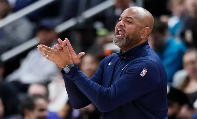 Detroit Pistons head coach J.B. Bickerstaff shouts to his team during the first half of an NBA basketball game against the Philadelphia 76ers Thursday, March 12, 2026, in Detroit. (AP Photo/Duane Burleson)