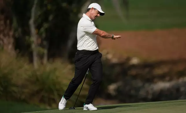 Rory McIlroy, of Northern Ireland, reacts to a missed putt on the second green during the second round of the Arnold Palmer Invitational at Bay Hill golf tournament Friday, March 6, 2026, in Orlando, Fla. (AP Photo/Matt Slocum)