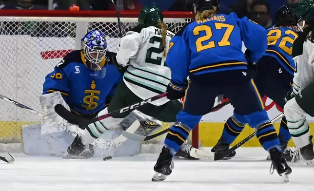Toronto Sceptres goaltender Elaine Chuli (29) makes a stop against Boston Fleet's Shay Maloney (27) during second period of an PWHL hockey game against the Toronto Sceptres in Toronto on Friday, March 27, 2026. (Jon Blacker/The Canadian Press via AP)