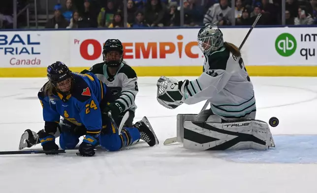 Boston Fleet goaltender Aerin Frankel (31) makes a save during second period of an PWHL hockey game against the Toronto Sceptres in Toronto on Friday, March 27, 2026. (Jon Blacker/The Canadian Press via AP)