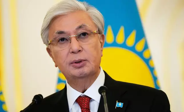 FILE - Kazakhstan's President Kassym-Jomart Tokayev addresses the plenary session of the Russia–Kazakhstan Interregional Cooperation Forum in Uralsk, Kazakhstan, via videoconference during a meeting with Russia's President Vladimir Putin at the Grand Kremlin Palace in Moscow, Wednesday, Nov. 12, 2025. (AP Photo/Alexander Zemlianichenko, File)