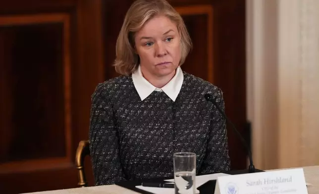 Chief Executive Officer of U.S. Olympic &amp; Paralympic Committee Sarah Hirshland is seen during a roundtable discussion on college sports in the East Room of the White House, Friday, March 6, 2026, in Washington. (AP Photo/Julia Demaree Nikhinson)