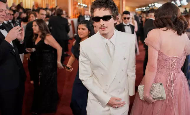 Timothee Chalamet arrives at the Oscars on Sunday, March 15, 2026, at the Dolby Theatre in Los Angeles. (AP Photo/John Locher)