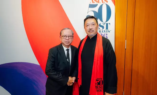 Hong Kong Tourism Board (HKTB) Chairman Dr Peter Lam, left, and Danny Yip from top local Cantonese restaurant The Chairman, winner of the first place award, at the Asia’s 50 Best Restaurants 2026 Awards.