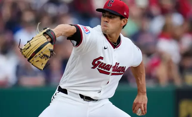 Cleveland Guardians' Joey Cantillo pitches in the first inning of a baseball game against the Chicago Cubs in Cleveland, Friday, April 3, 2026. (AP Photo/Sue Ogrocki)