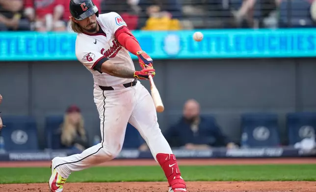 Cleveland Guardians' Gabriel Arias hits a home run in the seventh inning of a baseball game against the Chicago Cubs in Cleveland, Friday, April 3, 2026. (AP Photo/Sue Ogrocki)