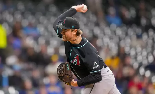 Arizona Diamondbacks reliever Kevin Ginkelduring pitches the sixth inning of a baseball game Wednesday, April 29, 2026, in Milwaukee. (AP Photo/Andy Manis)