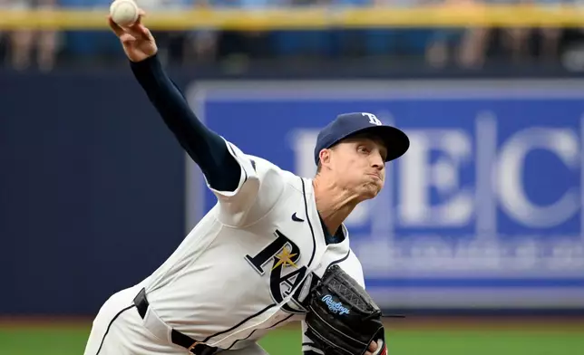 Tampa Bay Rays pitcher Griffin Jax throws during the first inning of a baseball game against the Minnesota Twins Sunday, April 26, 2026, in St. Petersburg, Fla. (AP Photo/Jason Behnken)