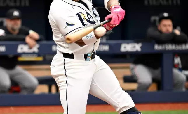 Tampa Bay Rays' Yandy Díaz hits a two-run home run during the third inning of a baseball game against the Minnesota Twins Sunday, April 26, 2026, in St. Petersburg, Fla. (AP Photo/Jason Behnken)