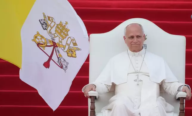 Pope Leo XIV meets with representatives of the world of culture at the Leon XIV Campus of the National University in Malabo, Equatorial Guinea, Tuesday, April 21, 2026, on the ninth day of his 11-day pastoral visit to Africa. (AP Photo/Andrew Medichini)