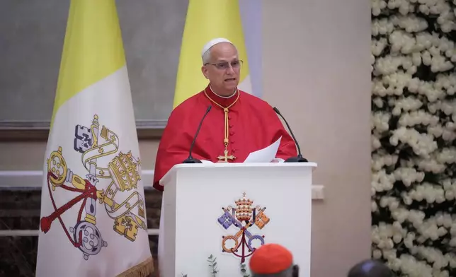 Pope Leo XIV delivers his speech as he meets with the authorities, civil society and the diplomatic corps in Malabo, Equatorial Guinea, Tuesday, April 21, 2026, on the ninth day of his 11-day pastoral visit to Africa. (AP Photo/Andrew Medichini)