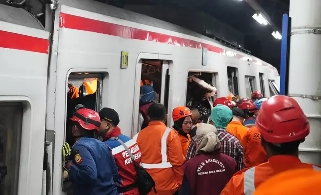 Rescuers search for victims after a train collision at a station in Bekasi, Indonesia, Monday, April 27, 2026. (AP Photo/Achmad Ibrahim)