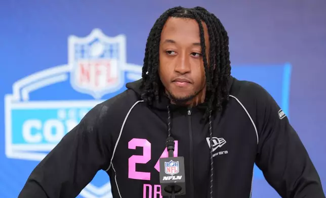 FILE - Arkansas defensive back Julian Neal answers questions during a press conference at the NFL football scouting combine in Indianapolis, Thursday, Feb. 26, 2026. (AP Photo/Eric Gay,File)
