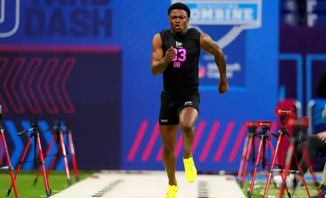 FILE - TCU defensive back Bud Clark (33) runs the 40-yard dash at the NFL football scouting combine in Indianapolis, Friday, Feb. 27, 2026. (AP Photo/Julio Cortez,File)