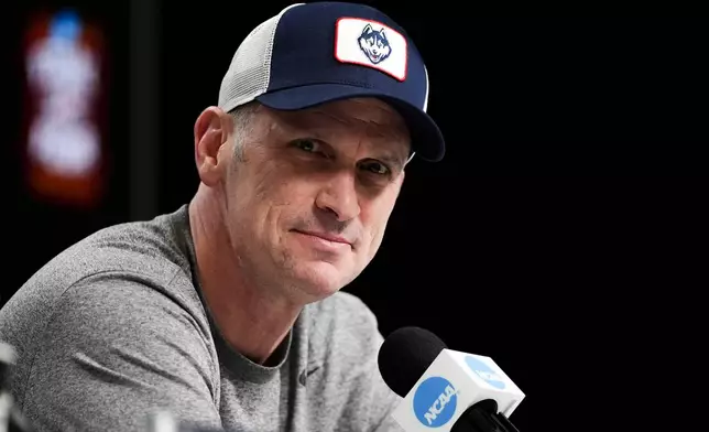 UConn head coach Dan Hurley speaks during a news conference ahead of a national championship NCAA college basketball tournament game against Michigan at the Final Four, Sunday, April 5, 2026, in Indianapolis. (AP Photo/Jeff Roberson)