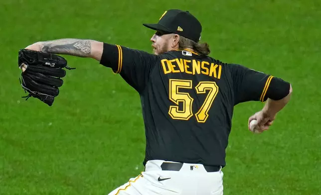 Pittsburgh Pirates pitcher Chris Devenski delivers during the seventh inning of a baseball game against the St. Louis Cardinals in Pittsburgh, Wednesday, April 29, 2026. (AP Photo/Gene J. Puskar)