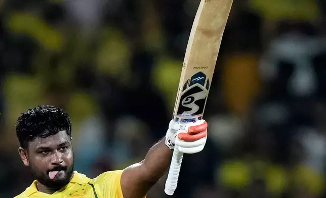 Chennai Super Kings' Sanju Samson celebrates his century during the Indian Premier League cricket match between Chennai Super Kings and Delhi Capitals in Chennai, India, Saturday, April 11, 2026. (AP Photo/Mahesh Kumar A.)