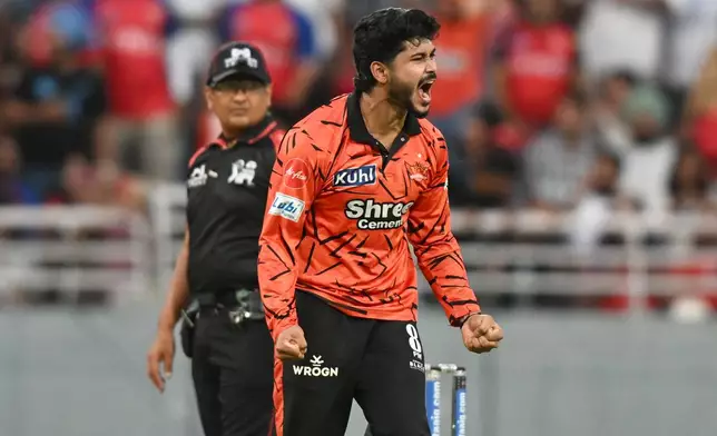 Sunrisers Hyderabad's Shivang Kumar celebrates the dismissal of Punjab Kings' Cooper Connolly during the Indian Premier League cricket match between Punjab Kings and Sunrisers Hyderabad in New Chandigarh, India, Saturday, April 11, 2026. (AP Photo)