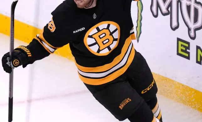 Boston Bruins center Elias Lindholm celebrates after his goal against the Dallas Stars during the third period of an NHL hockey game, Tuesday, March 31, 2026, in Boston. (AP Photo/Charles Krupa)