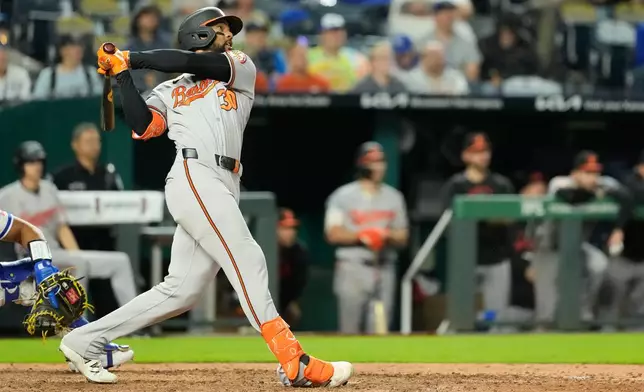 Baltimore Orioles' Leody Taveras watches his grand slam during the 12th inning of a baseball game against the Kansas City Royals, Monday, April 20, 2026, in Kansas City, Mo. (AP Photo/Charlie Riedel)