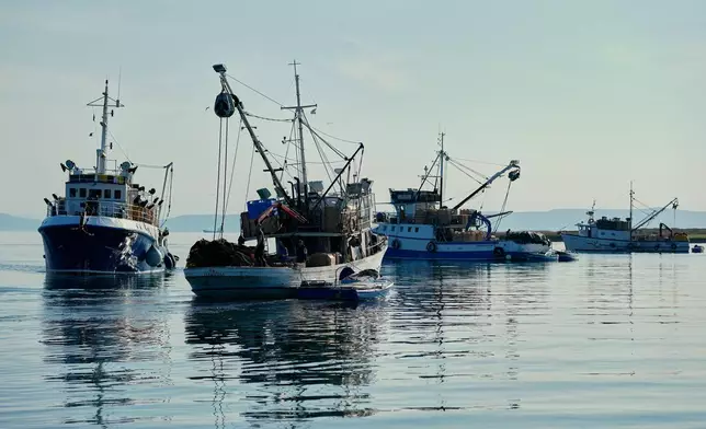 Fishing boats return to the port of Liznjan, Croatia, Tuesday, April 7, 2026. (AP Photo/Darko Bandic)