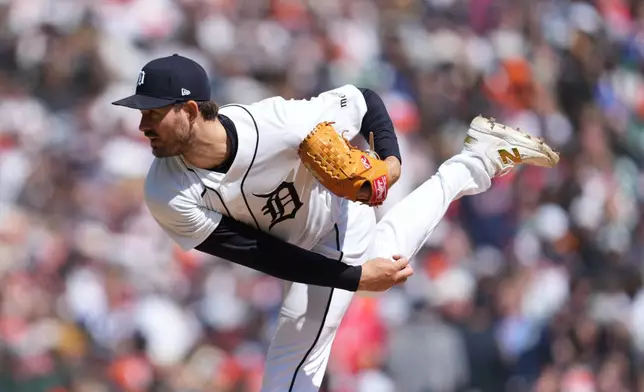 Detroit Tigers pitcher Drew Anderson throws against the Miami Marlins during the seventh inning of a baseball game Saturday, April 11, 2026, in Detroit. (AP Photo/Paul Sancya)