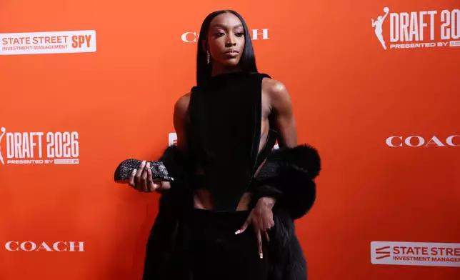 LSU guard Flau'jae Johnson poses before the WNBA basketball draft Monday, April 13, 2026, in New York. (AP Photo/Pamela Smith)
