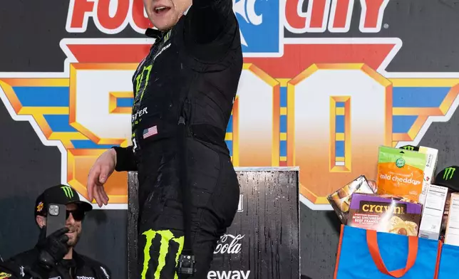 Ty Gibbs celebrates after winning a NASCAR Cup Series auto race, Sunday, April 12, 2026, in Bristol, Tenn. (AP Photo/Wade Payne)