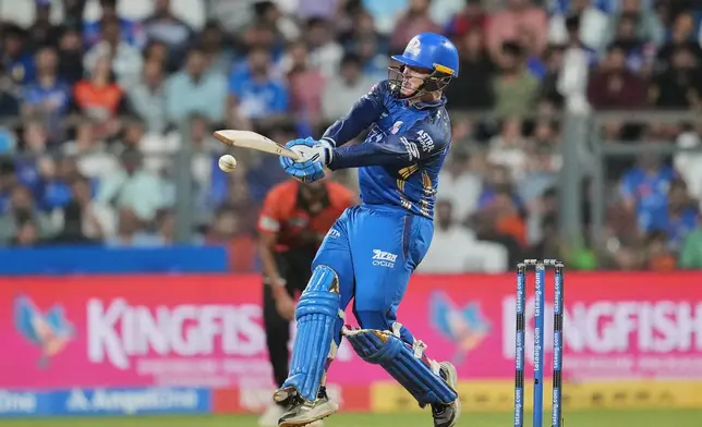 Mumbai Indians' Ryan Rickelton plays a shot during the Indian Premier League cricket match between Mumbai Indians and Sunrisers Hyderabad in Mumbai, India, Wednesday, April 29, 2026.(AP Photo/Rafiq Maqbool)