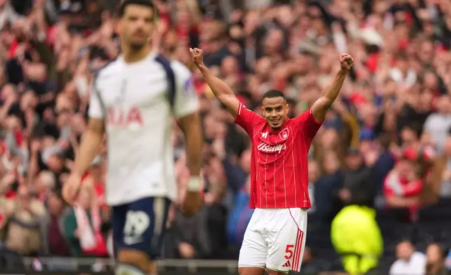 Nottingham Forest's Murillo celebrates after the English Premier League soccer match between Tottenham Hotspur and Nottingham Forest in London, Sunday, March 22, 2026. (AP Photo/Dave Shopland)