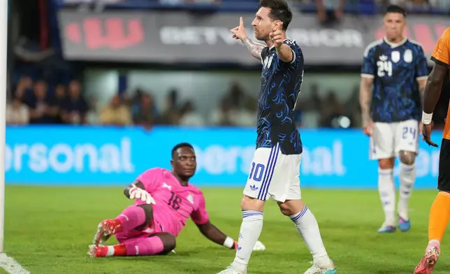 Argentina's Lionel Messi celebrates scoring his side's second goal against Zambia during a friendly soccer match in Buenos Aires, Argentina, Tuesday, March 31, 2026. (AP Photo/Rodrigo Abd)
