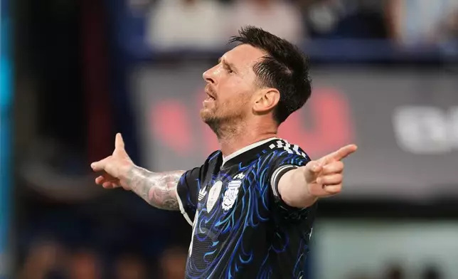 Argentina's Lionel Messi celebrates scoring his side's second goal against Zambia during a friendly soccer match in Buenos Aires, Argentina, Tuesday, March 31, 2026. (AP Photo/Rodrigo Abd)