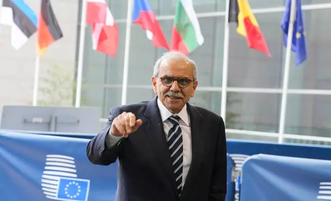 Lebanon's Prime Minister Nawaf Salam arrives for a meeting of EU foreign ministers at the European Council building in Luxembourg, Tuesday, April 21, 2026. (AP Photo/Virginia Mayo)