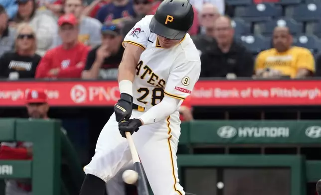 Pittsburgh Pirates' Jake Mangum drives in a run with a single off a pitch from St. Louis Cardinals' Dustin May in the second inning of a baseball game in Pittsburgh, Monday, April 27, 2026. (AP Photo/Tom E. Puskar)