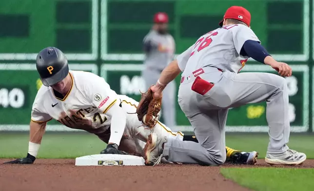 Pittsburgh Pirates' Jake Mangum, left, slides under a tag by St. Louis Cardinals second baseman JJ Wetherholt, right, for a stolen base in the fourth inning of a baseball game in Pittsburgh, Monday, April 27, 2026. (AP Photo/Tom E. Puskar)