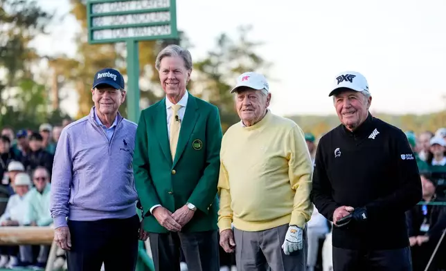 Jack Nicklaus, chairman Fred Ridley, Tom Watson, Gary Player pose before the ceremonial tee shot on the first hole during the first round of the Masters golf tournament at the Augusta National Golf Club, Thursday, April 9, 2026, in Augusta, Ga. (AP Photo/Eric Gay)