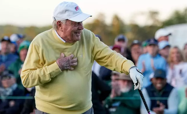 Jack Nicklaus hits the ceremonial tee shot on the first hole during the first round of the Masters golf tournament at the Augusta National Golf Club, Thursday, April 9, 2026, in Augusta, Ga. (AP Photo/Eric Gay)