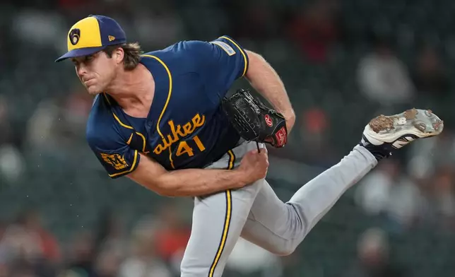Milwaukee Brewers pitcher Jake Woodford throws against the Detroit Tigers during the ninth inning of a baseball game Tuesday, April 21, 2026, in Detroit. (AP Photo/Paul Sancya)