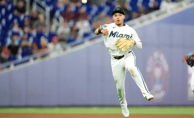 Miami Marlins third baseman Javier Sanoja makes a throw to first to get out Chicago White Sox' Chase Meidroth during the sixth inning of a baseball game, Wednesday, April 1, 2026, in Miami. (AP Photo/Rebecca Blackwell)