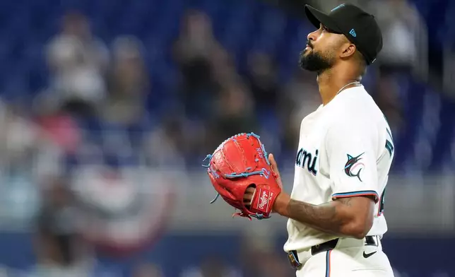 Miami Marlins starting pitcher Sandy Alcantara reacts cooly after pitching a complete game shut out baseball game against the Chicago White Sox, Wednesday, April 1, 2026, in Miami. (AP Photo/Rebecca Blackwell)