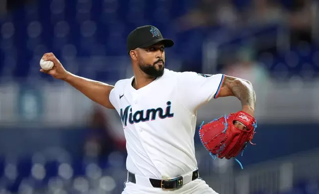 Miami Marlins starting pitcher Sandy Alcantara (22) pitches during the first inning of a baseball game against the Chicago White Sox, Wednesday, April 1, 2026, in Miami. (AP Photo/Rebecca Blackwell)