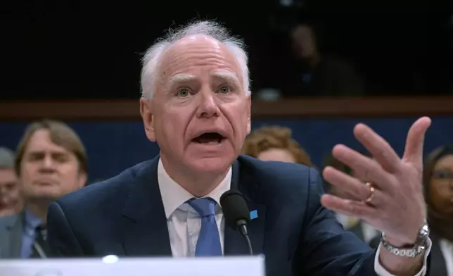 FILE - Minnesota Gov. Tim Walz speaks during a House Committee on Oversight and Government Reform hearing on oversight of fraud and misuse of Federal funds in Minnesota, March 4, 2026, on Capitol Hill in Washington. (AP Photo/Rod Lamkey, Jr., File)