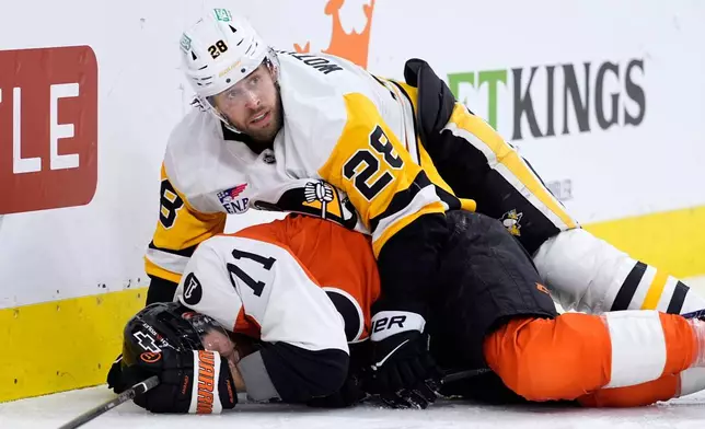 Pittsburgh Penguins' Parker Wotherspoon (28) collides with Philadelphia Flyers' Tyson Foerster (71) during the second period of Game 6 in the first round of the NHL hockey Stanley Cup playoffs series Wednesday, April 29, 2026, in Philadelphia. (AP Photo/Matt Slocum)