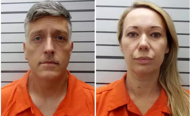 FILE - This combination of booking photos provided by the Muskogee County, Okla., Sheriff's Office shows Jon Hallford, left, and Carie Hallford, owners of Return to Nature Funeral Home. (Muskogee County Sheriff's Office via AP, File)