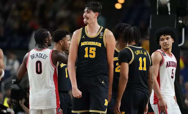 Michigan's Aday Mara (15) reacts during the second half of an NCAA college basketball tournament semifinal game against Arizona at the Final Four, Saturday, April 4, 2026, in Indianapolis. (AP Photo/Michael Conroy)