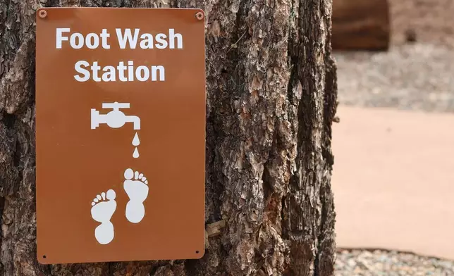 A sign nailed to a tree stump indicates where the foot washing station is at the end of a barefoot trail near Flagstaff, Ariz, on Thursday, April 16, 2026. (AP Photo/Cheyanne Mumphrey)