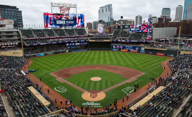 Target Field is viewed before the Minnesota Twins home-opener baseball game against the Tampa Bay Rays, Friday, April 3, 2026, in Minneapolis. (AP Photo/Ellen Schmidt)