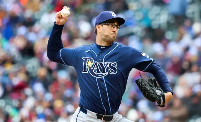 Tampa Bay Rays pitcher Joe Boyle throws to the Minnesota Twins during the first inning of a baseball game Friday, April 3, 2026, in Minneapolis. (AP Photo/Ellen Schmidt)