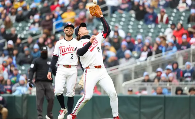 Minnesota Twins second baseman Luke Keaschall (15) catches an out on the Tampa Bay Rays while second baseman Kody Clemens looks on during the first inning of a baseball game Friday, April 3, 2026, in Minneapolis. (AP Photo/Ellen Schmidt)